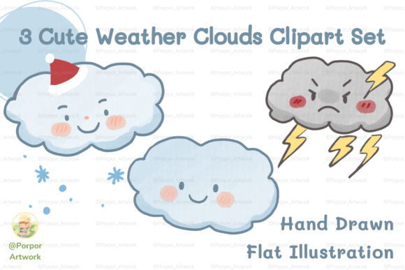 3 Cute Cloud Clipart PNG Kawaii Craft DI